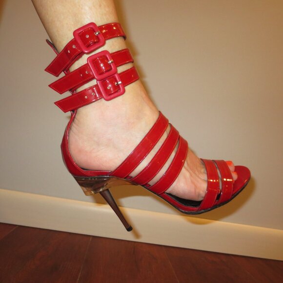 KARL LAGERFELD Red Made in Italy Triple Ankle Strap Heels - Picture 7 of 9